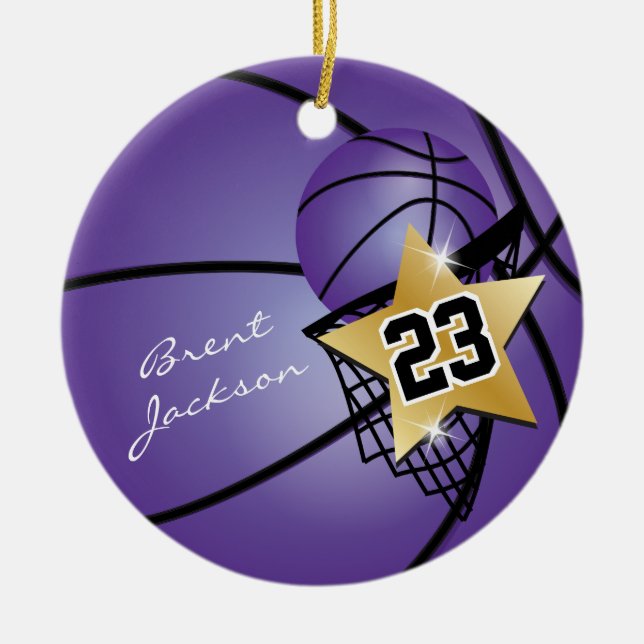 Gold Superstar Basketball | DIY Text | Purple Ceramic Tree Decoration (Front)