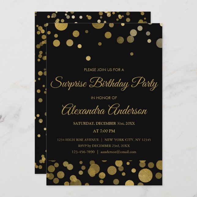 Gold Surprise Birthday Party Gold Confetti Invitation (Front/Back)