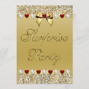 Gold Surprise Party Faux Sequins Hearts Bow Invitation