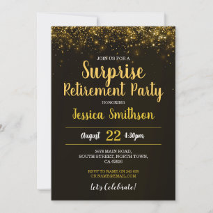 Gold Surprise Retirement Glitter Party Black  Invitation