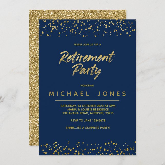 Gold Surprise retirement party invitation card (Front/Back)