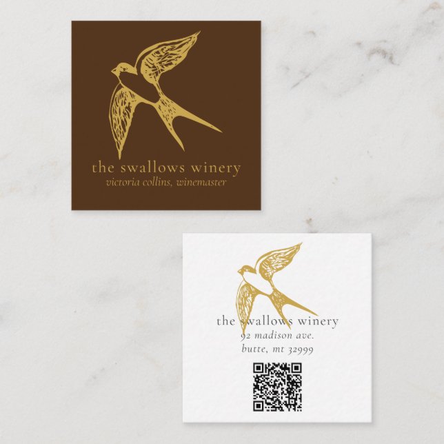 Gold Swallows QR Code Brown Square Biz Card (Front/Back)