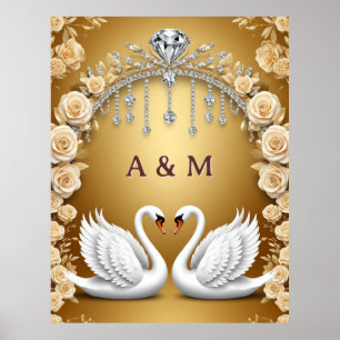 Gold Swan Pair Wedding Rose Luxury Background 🦢 Poster