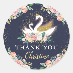 Gold Swan Princess Pink Floral Navy Blue Thank You Classic Round Sticker