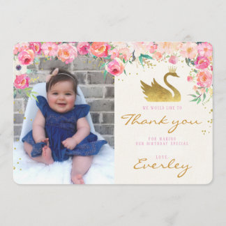 Gold Swan Princess Pink Floral Thank you card