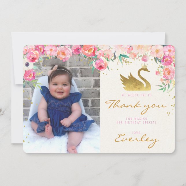 Gold Swan Princess Pink Floral Thank you card (Front)
