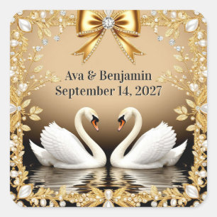 🦢 Gold Swan Romantic Gold Wedding Theme 💍 Square Sticker