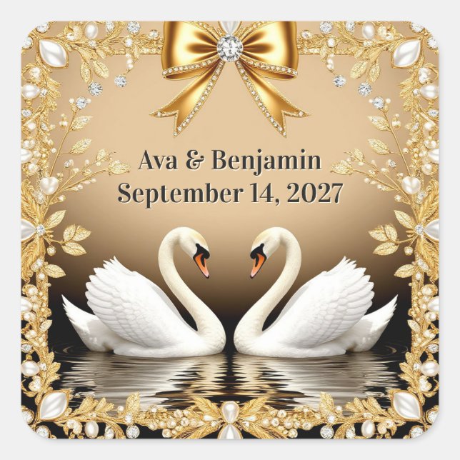 🦢 Gold Swan Romantic Gold Wedding Theme 💍 Square Sticker (Front)