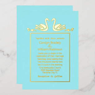 Gold Swans Aqua Wedding Foil Invitation