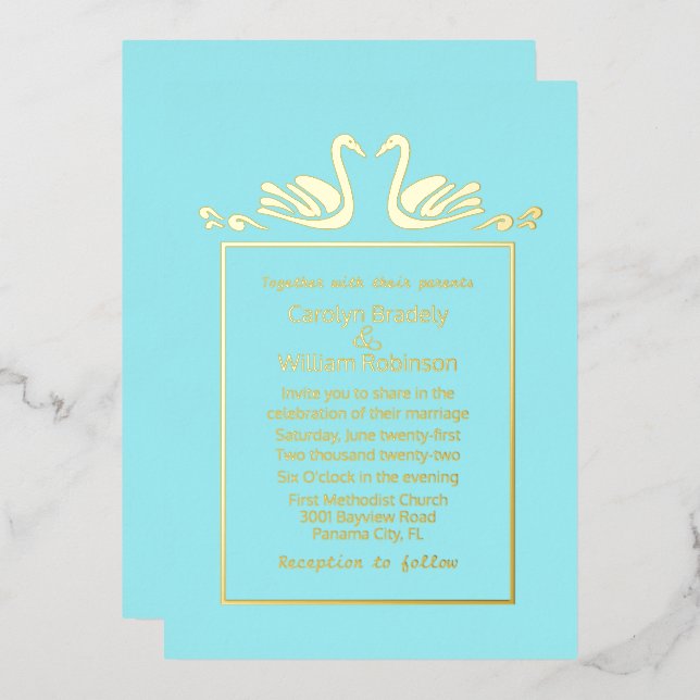 Gold Swans Aqua Wedding Foil Invitation (Front/Back)