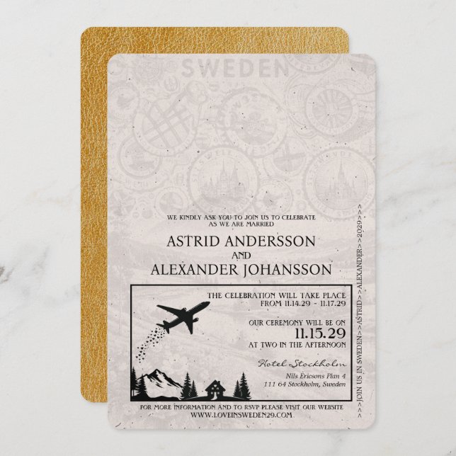 Gold Sweden Passport Wedding Invitation (Front/Back)