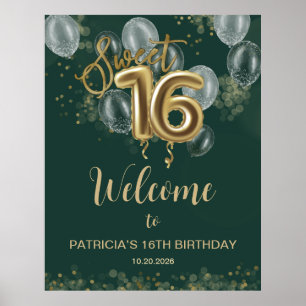 Gold Sweet 16 Balloons Emerald Green Welcome Sign