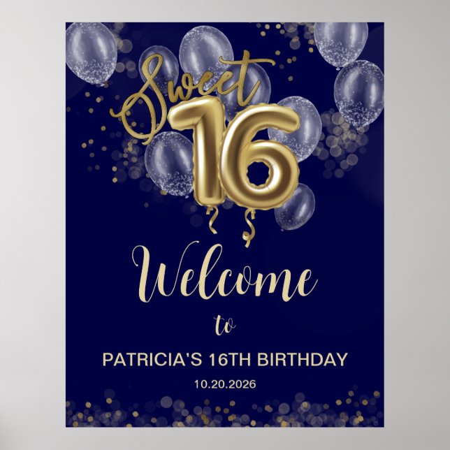 Gold Sweet 16 Balloons Royal Blue Welcome Sign (Front)