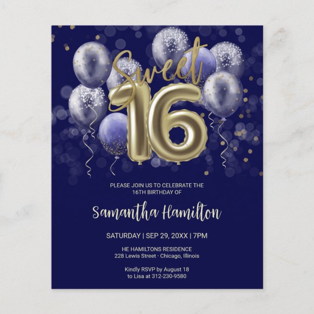 Gold Sweet 16 Bday Balloons Blue Budge Invitation (Front)