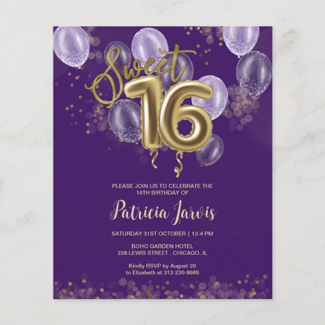 Gold Sweet 16 Bday Balloons Budget Invitations (Front)