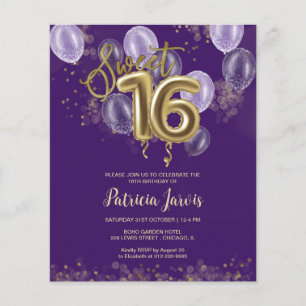 Gold Sweet 16 Bday Balloons Budget Invitations