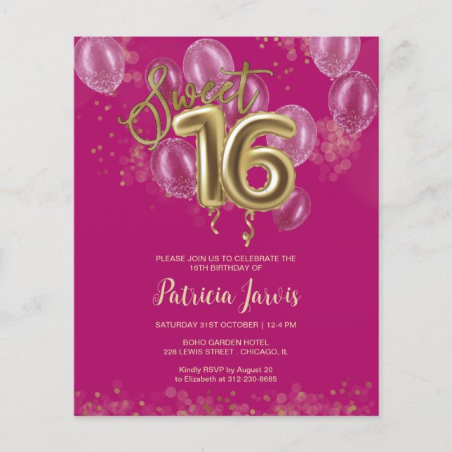 Gold Sweet 16 Bday Balloons Budget Invitations (Front)
