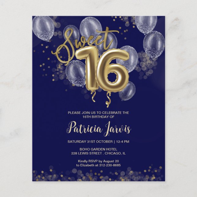 Gold Sweet 16 Bday Balloons Budget Invitations (Front)