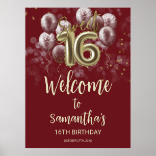 Gold Sweet 16 Bday Balloons Burgundy Welcome Sign