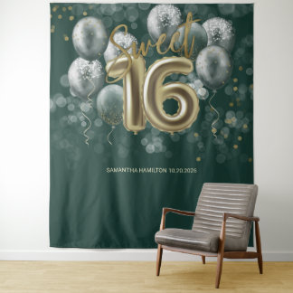 Gold Sweet 16 Bday Balloons Emerald Green Backdrop Tapestry