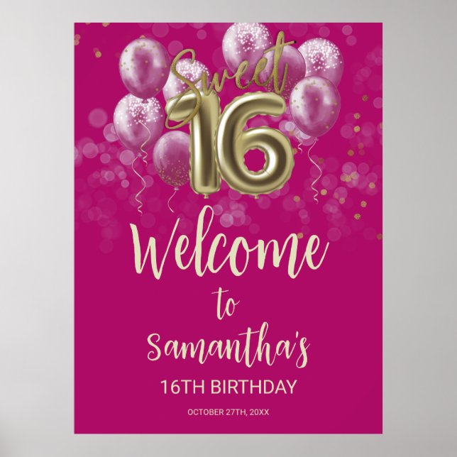 Gold Sweet 16 Bday Balloons Hot Pink Welcome Sign (Front)