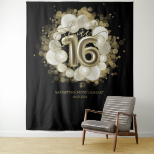 Gold Sweet 16 Bday Balloons Party Black Backdrop Tapestry