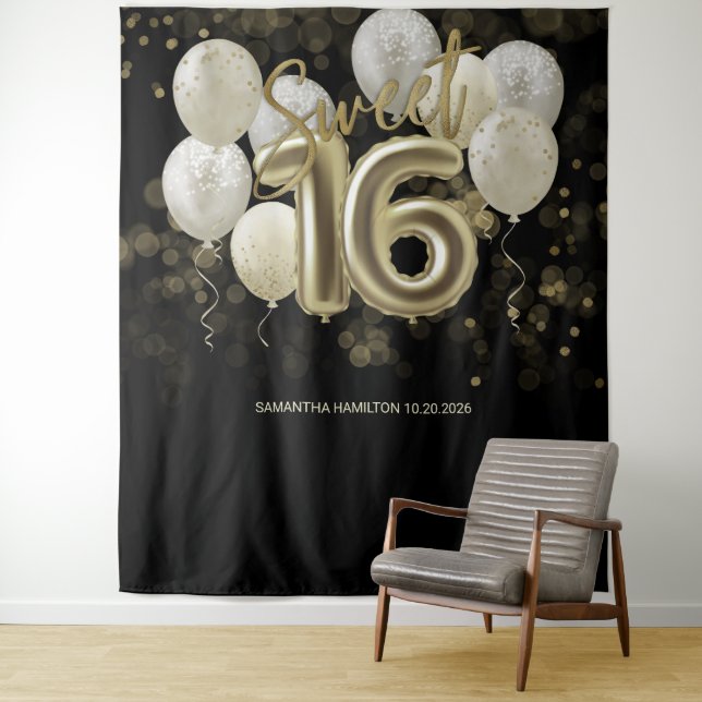 Gold Sweet 16 Bday Balloons Party Black Backdrop Tapestry (In Situ)