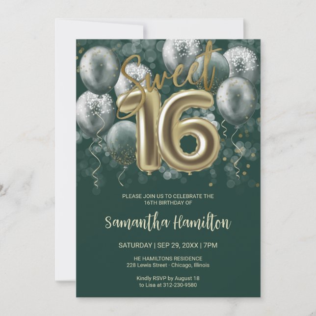 Gold Sweet 16 Bday Balloons Party Emerald Green Invitation (Front)