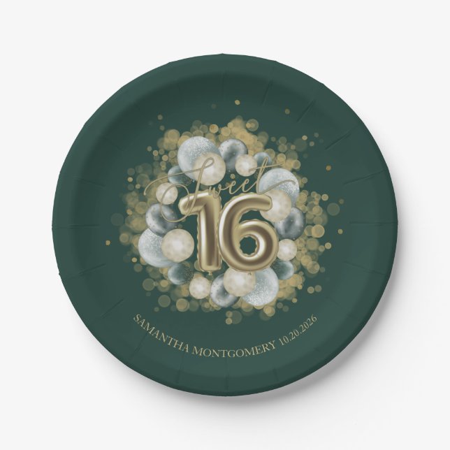 Gold Sweet 16 Bday Balloons Party Emerald Green Paper Plate (Front)