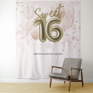 Gold Sweet 16 Bday Balloons Party Pink Backdrop Tapestry