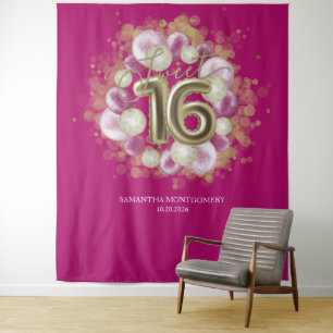 Gold Sweet 16 Bday Balloons Party Pink Backdrop Tapestry