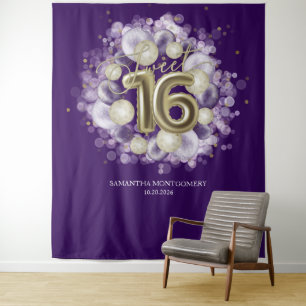 Gold Sweet 16 Bday Balloons Party Purple Backdrop Tapestry