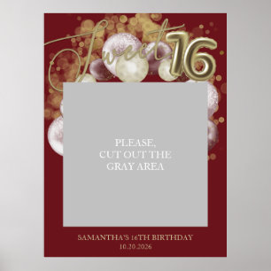 Gold Sweet 16 Bday Balloons Photo Prop Burgundy Poster