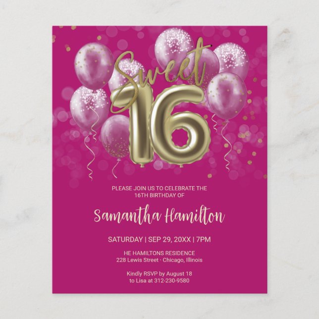 Gold Sweet 16 Bday Balloons Pink Budge Invitation (Front)