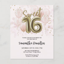 Gold Sweet 16 Bday Balloons Pink Budge Invitation