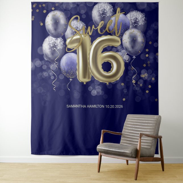 Gold Sweet 16 Bday Balloons Royal Blue Backdrop Tapestry (In Situ)