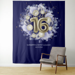 Gold Sweet 16 Bday Balloons Royal Blue Backdrop Tapestry