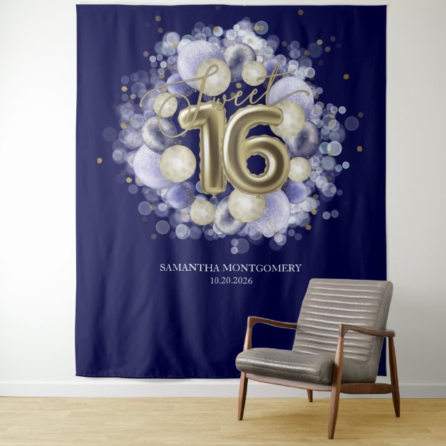 Gold Sweet 16 Bday Balloons Royal Blue Backdrop Tapestry (In Situ)