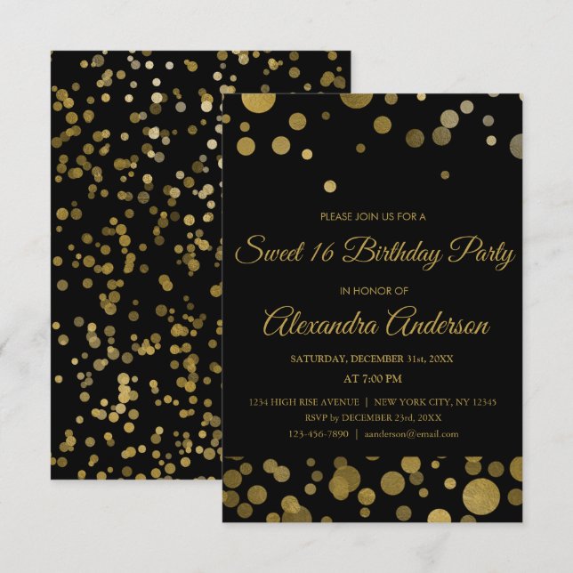 Gold Sweet 16 Birthday Party Gold Confetti Invitation (Front/Back)