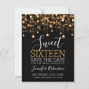 Gold Sweet 16 Sparkly String Lights Save Date Save The Date