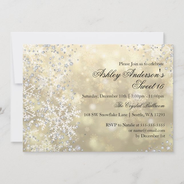 Gold Sweet 16 Winter Wonderland Sparkle Snowflakes Invitation (Front)