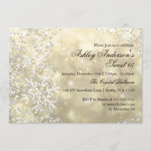 Gold Sweet 16 Winter Wonderland Sparkle Snowflakes Invitation