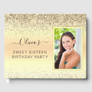 Gold Sweet 16th Birthday Sparkle Glitter Photo Guest Book