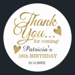 Gold Sweet Sixteen 16th Birthday Party Thank You Classic Round Sticker<br><div class="desc">Sweet 16 birthday thank you stickers with classy gold typography.</div>