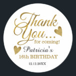 Gold Sweet Sixteen 16th Birthday Party Thank You Classic Round Sticker<br><div class="desc">Sweet 16 birthday thank you stickers with classy gold typography.</div>
