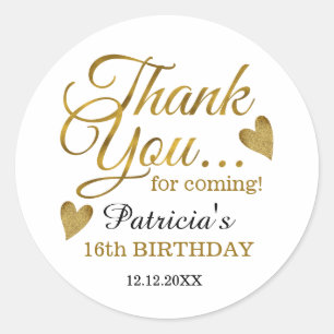 Gold Sweet Sixteen 16th Birthday Party Thank You Classic Round Sticker