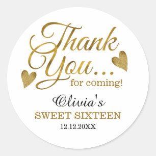 Gold Sweet Sixteen 16th Birthday Thank You Favours Classic Round Sticker
