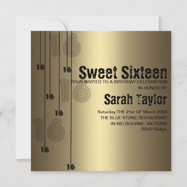 Gold Sweet Sixteen Birthday Invitation (Front)