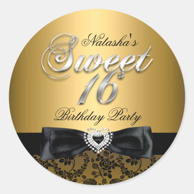 Gold Sweet Sixteen Jewel Bow & Lace Sticker (Front)