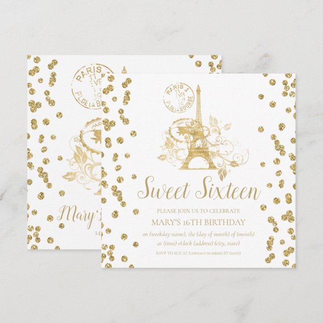 Gold Sweet Sixteen Paris Glitter Confetti Invitation (Front/Back)